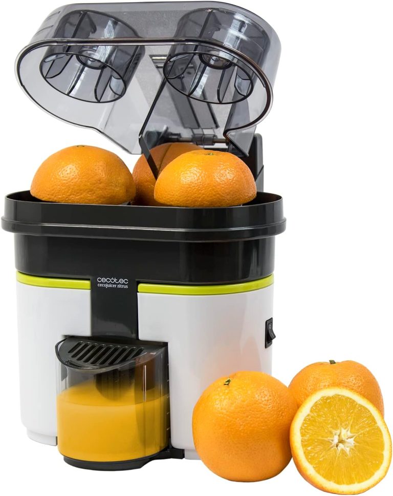 Cecotec Presse-agrumes électrique EssentialVita Twice White. 90 W, double tête et coupeur, filtre pour pulpe, verre 500 ml, pièces lavables au lave-vaisselle (Zitrus Turbo)